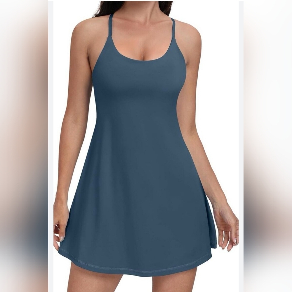 Ewedoos Tennis Pickleball Dress Built in Shorts Bra Teal Blue Straps Adjust XL